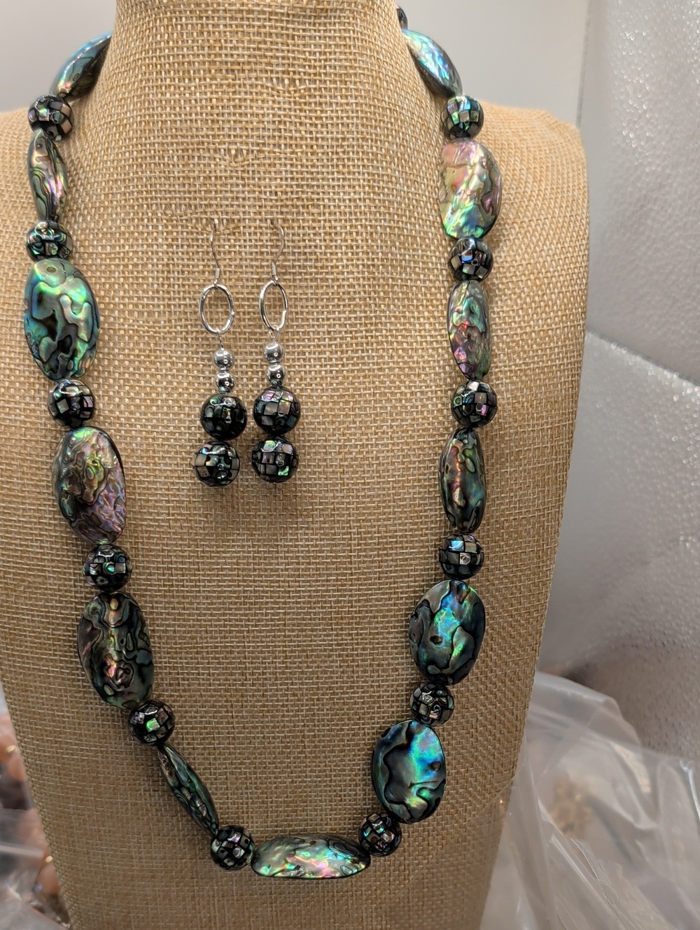 Abalone Shell Bead Necklace and Earrings Set - Iridescent Green